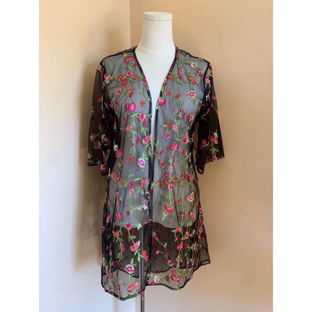 Chenault Sheer Black Mesh Floral Embroidered Kimono Hi-Lo Duster Cardigan Medium